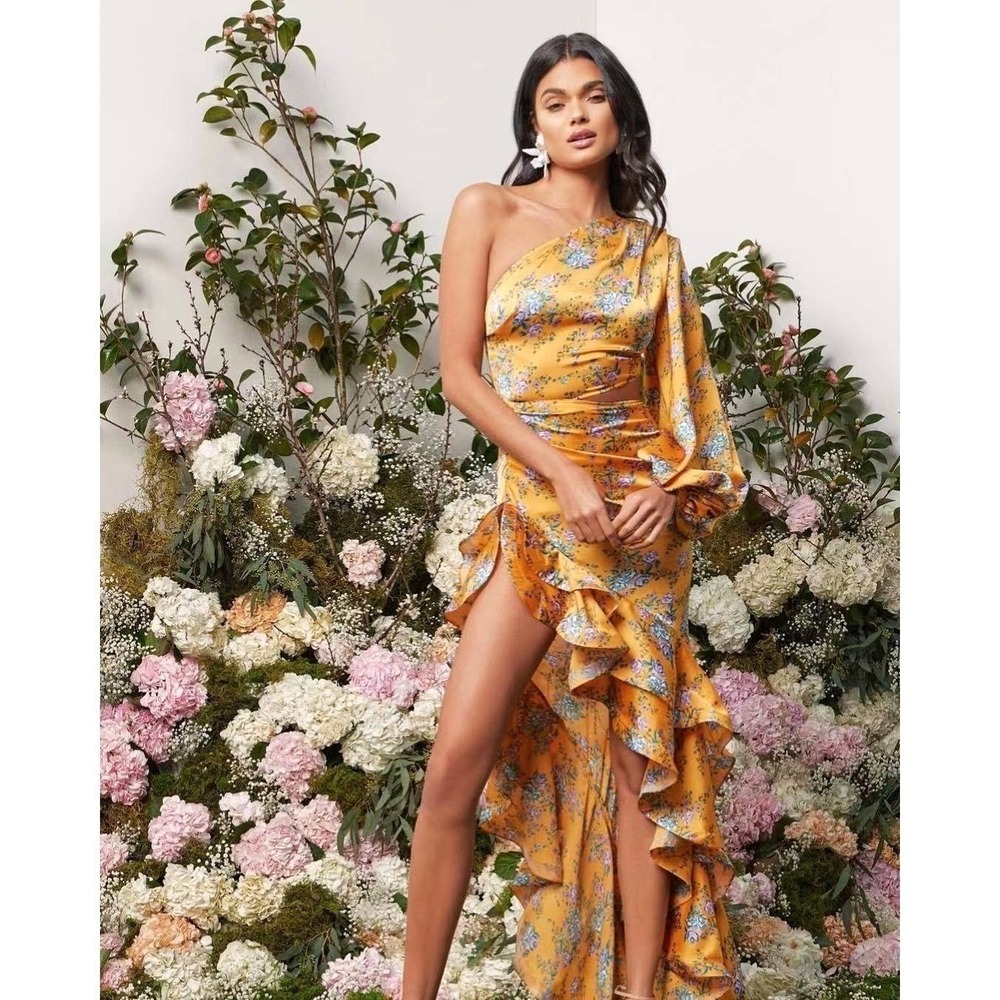 🌼✨ SUNLIT STATEMENT ✨🌼Bronx & Banco Hanna One-Shoulder Ruffle Gown XS
